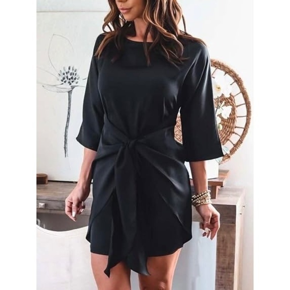Baltic Born Black Satin Tie Front Mini Dress Size XL Party LBD Dolman Sleeve